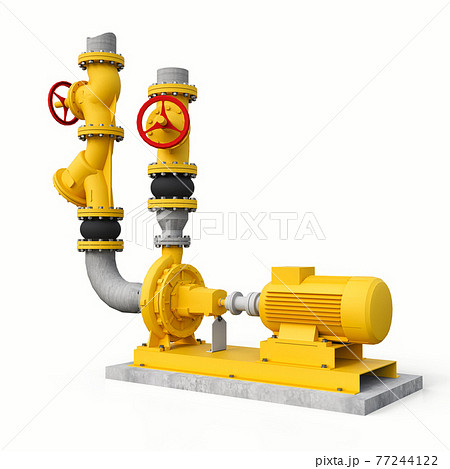 Yellow 3d model of an industrial pump and pipe section with shut off valves on a white isolated background. 3d illustration. Yellow 3d model of an industrial pump and pipe section with shut off valves on a white isolated background. 3d illustration. 77244122