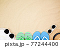 top view travel beach background concept with sunglasses , shoes and beach hat on sand. 77244400