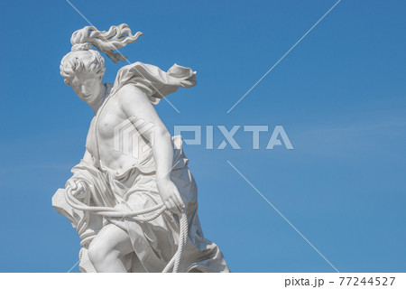 Old statue of a sensual naked Renaissance Era woman in the park of Potsdam, Germany, details, closeup 77244527