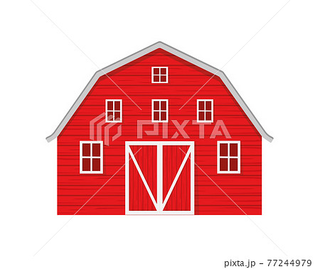 Red wooden barn isolated on white background. Farm warehouse with big door and windows. Front view. Vector cartoon illustration 77244979
