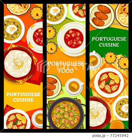 Portuguese cuisine banners, Portugal food dishes 77245942