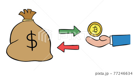 Cartoon vector illustration of a sack of dollars and 1 bitcoin exchange. 77246634