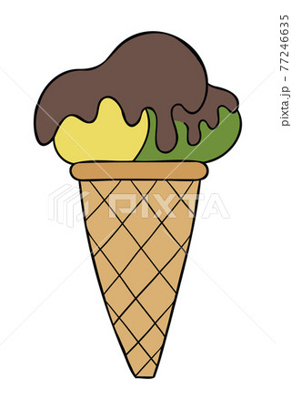 Cartoon vector illustration of cone ice cream with chocolate sauce on top. 77246635