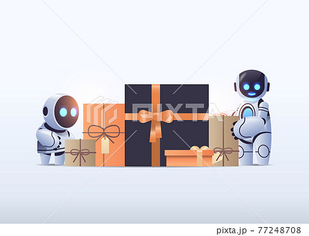 robots near wrapped gifts birthday or holiday celebration artificial intelligence technology concept robots near wrapped gifts birthday or holiday celebration artificial intelligence technology concept 77248708