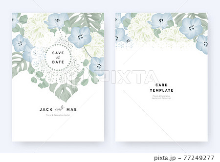 Floral wedding invitation card template design, blue Nemophila, white dahlia flowers and leaves 77249277
