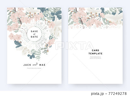 Floral wedding invitation card template design, pink sakura, white lily flowers and leaves Floral wedding invitation card template design, pink sakura, white lily flowers and leaves 77249278