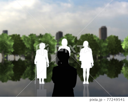 女性のジェネレーションギャップにとまどう男性シルエット 白と黒 Cgイラスト横のイラスト素材