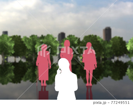 女性のジェネレーションギャップにとまどう女性シルエット 色分け CGイラスト横 女性のジェネレーションギャップにとまどう女性シルエット 色分け CGイラスト横 77249551