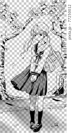 俯くセーラー服女子のモノクロイラスト 77250012