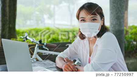 Asian businesswoman work in park 77250997