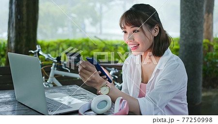 Asian woman use credit card 77250998