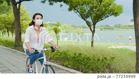 Asian female ride bicycle Asian female ride bicycle 77250999