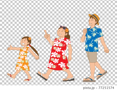 アロハ ムームーで歩く仲良し家族のイラスト素材