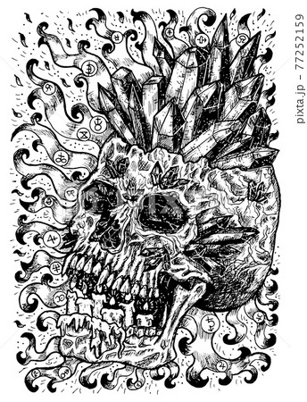 Black and white engraved illustration of scary skull with magic crystals and sun rays or flame. Mystic background for Halloween, esoteric, gothic, heavy metal or occult concept, tattoo sketch 77252159