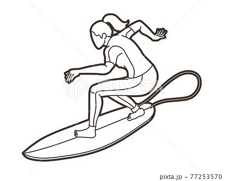 Surfing Sport Female Player Cartoon Outline Graphic Vector 77253570