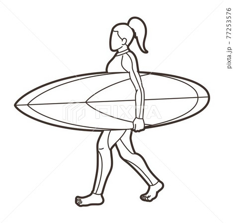 Surfing Sport Female Player Cartoon Outline Graphic Vector 77253576