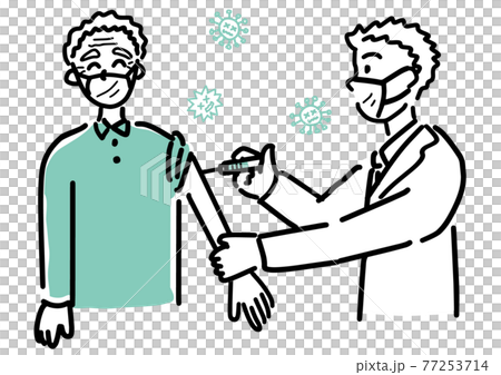 Illustration of a doctor vaccination of an elderly man Illustration of a doctor vaccination of an elderly man 77253714
