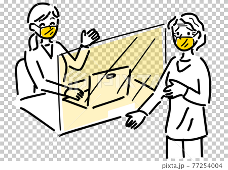 窓口の女性に相談する不安そうな高齢女性 77254004