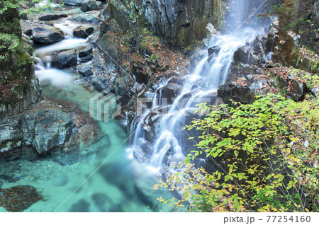 美しい滝とエメラルドグリーンの滝つぼの写真素材