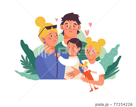 Happy family at backdrop of green leaves, flat vector illustration isolated. Happy family at backdrop of green leaves, flat vector illustration isolated. 77254226