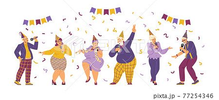 Elderly people celebrating birthday in karaoke, flat vector illustration. 77254346