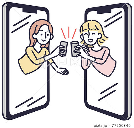 オンライン宅飲みをする女性　イラスト 77256346