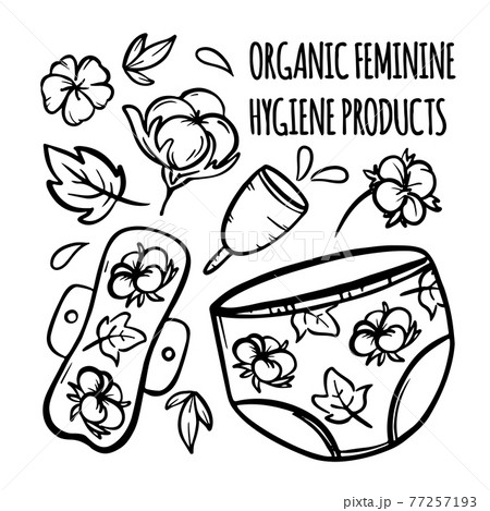 ORGANIC FEMININE HYGIENE PRODUCTS Woman Gynecological Healthcare Monochrome Hand Drawn Clip Art Vector Illustration Set For Print 77257193