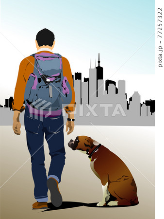 Young man with dog on city background . Young man with dog on city background . 77257322