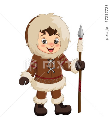 Cartoon eskimo boy holding a spear Cartoon eskimo boy holding a spear 77257723