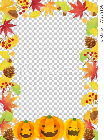 秋の植物やかぼちゃなどのハロウィンイメージのバクターイラストフレーム背景のイラスト素材
