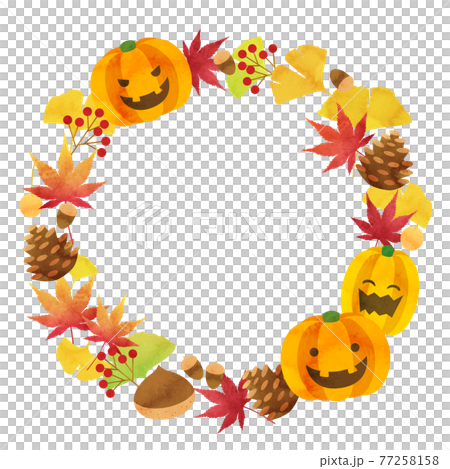 秋の植物やかぼちゃなどのハロウィンイメージのバクターイラストフレーム背景 77258158