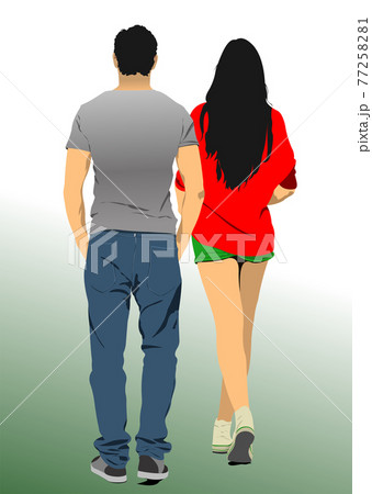 A couple of young people walking on the road. 77258281