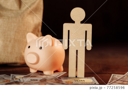 Bag of money, piggy bank and figure of man close-up.The concept of investment and savings 77258596