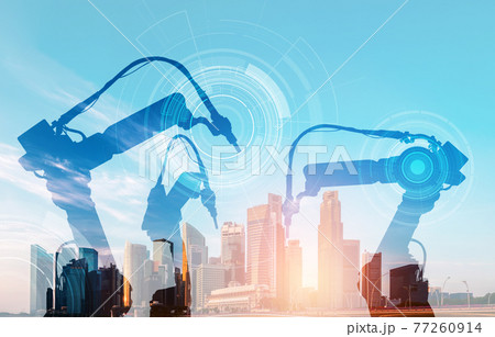 Mechanized industry of future factory double exposure image 77260914
