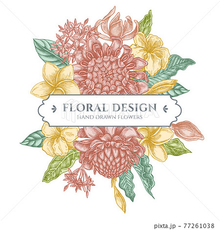 Floral bouquet design with pastel plumeria, allamanda, clerodendrum, champak, etlingera, ixora Floral bouquet design with pastel plumeria, allamanda, clerodendrum, champak, etlingera, ixora 77261038