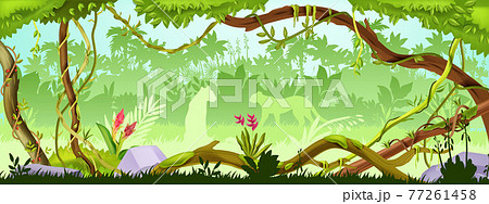 Jungle forest tree background, green wood vector landscape, leopard silhouette, bushes, vine, liana 77261458