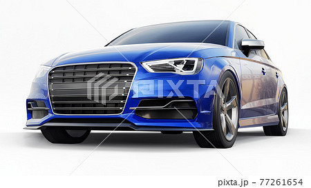 Super fast sports car color blue metallic on a white background. Body shape sedan. Tuning is a version of an ordinary family car. 3d rendering. 77261654
