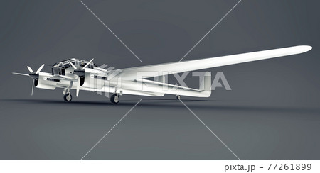 Three-dimensional model of the bomber aircraft of the second world war. Shiny aluminum body with two tails and wide wings. Turboprop engine. Shiny airplane on a gray background. 3d illustration. 77261899