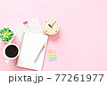 Still life office, business, planning, meeting or work from home concept : Top view or flat lay of open notebook, clock and coffee cup on pink background with copy space ready for adding or mock up  77261977