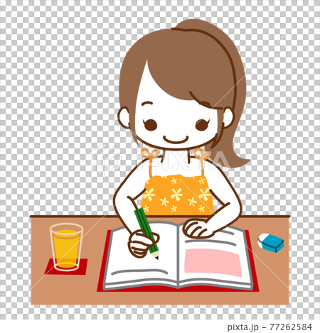 机に向かって勉強をする女の子のイラスト素材