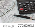 Business, finance, saving money, banking, loans, investment, taxes money planning or accounting concept : American dollars cash money, calculator and pen on saving account book or financial statement 77262938