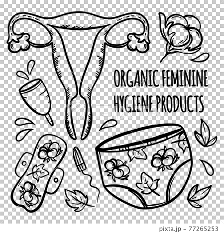ORGANIC FEMININE HYGIENE Monochrome Gynecological Healthcare Woman Hand Drawn Cartoon Clip Art Vector Illustration Set For Print  77265253
