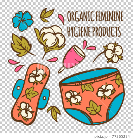 ORGANIC FEMININE Gynecological Healthcare Zero Waste Women Hygiene Cartoon Hand Drawn Clip Art Vector Illustration Set For Print 77265254