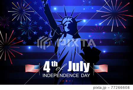 Illustration with a gradient of blue color, silhouette of a monument, bright fireworks 77266608