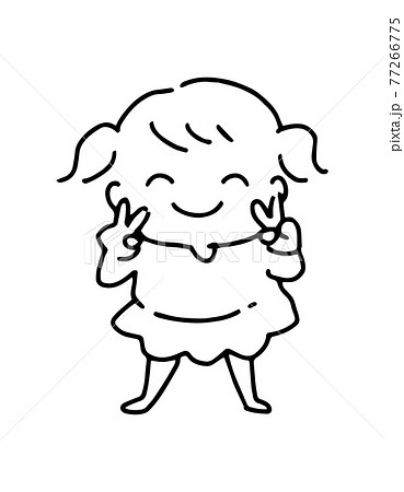 ダブルピースしている少女のシンプルなモノクロベクターイラストのイラスト素材