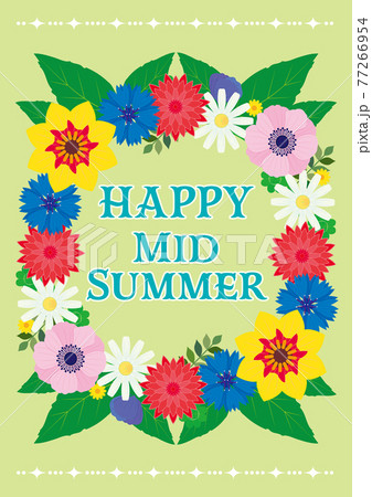 Happy Mid Summer 夏至祭の円形花フレームのグリーティングカードのイラスト素材