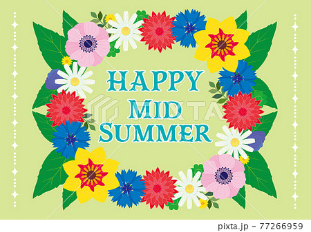 Happy Mid Summer 夏至祭の円形花フレームのグリーティングカードのイラスト素材