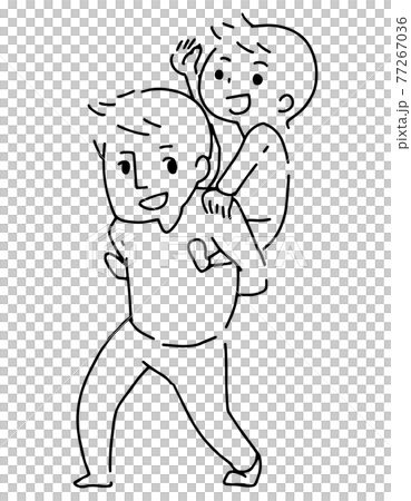 おんぶをしている親子のシンプルなモノクロベクターイラスト　パパ　息子　親子 77267036
