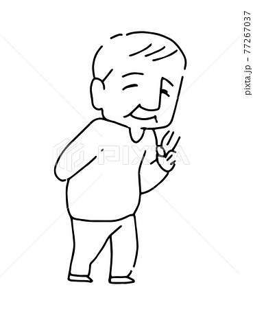 ピースをしているおじいちゃんのシンプルなモノクロベクターイラスト　おじいさん　男性 77267037