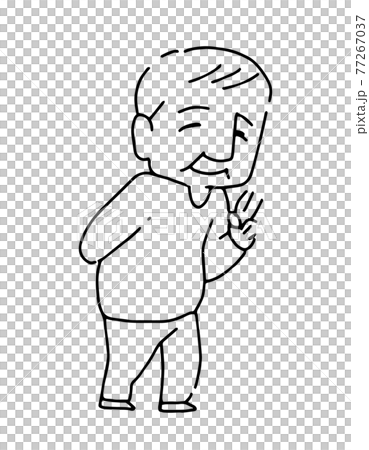 ピースをしているおじいちゃんのシンプルなモノクロベクターイラスト　おじいさん　男性 77267037